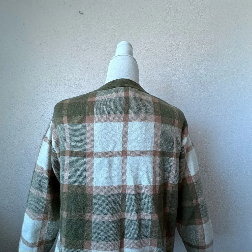 Rachel Zoe Plaid Sweater Brown Green White Cardigan Preppy Classic SZ XS